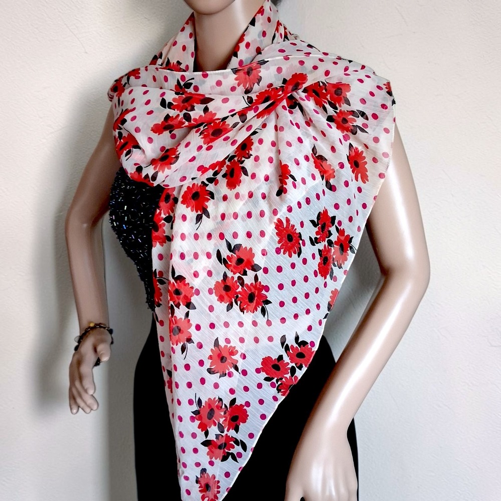 Retro Floral Polka Dot Chiffon Shawl Wrap Red Black White Fringe Tassels...